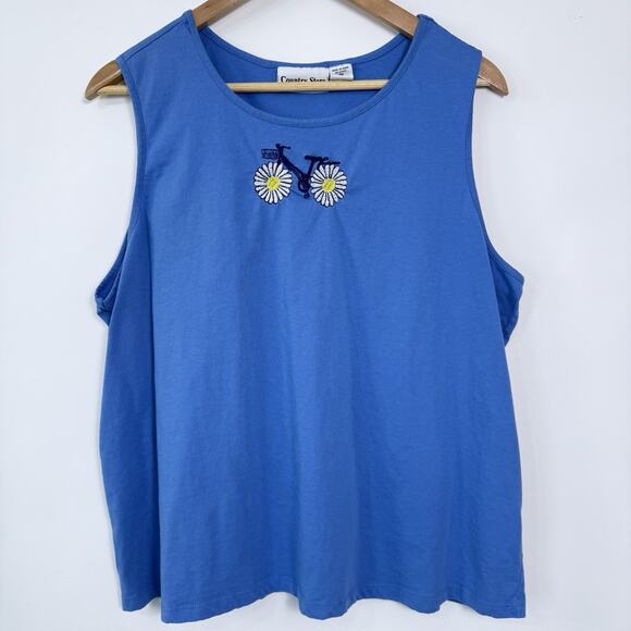 Vintage Tank Top Womens Size 1X Blue Embroidered Bicycle Flower Wheels Whimsical - Picture 1 of 6